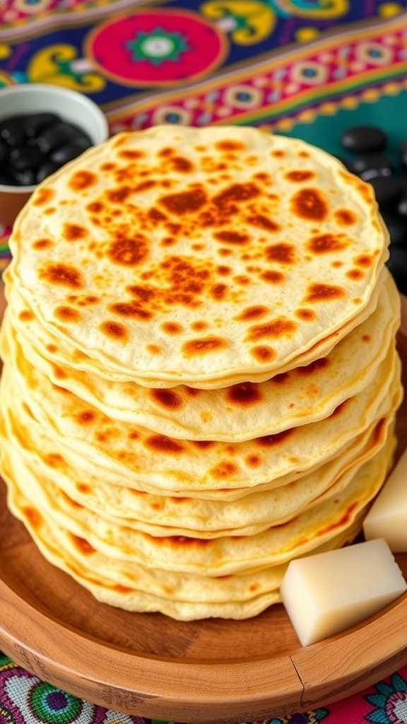 A stack of golden brown palmeadas tortillas with black beans and cheese on a rustic plate.